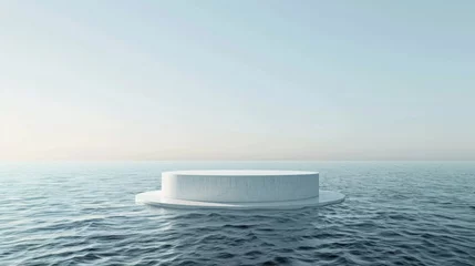 Fototapeten Realistic minimal photography Top few of a large white cilindrical builing floating in the middle of the ocean It is an art installation showcasing a perfect white space in the sea Neutral tones © yelosole