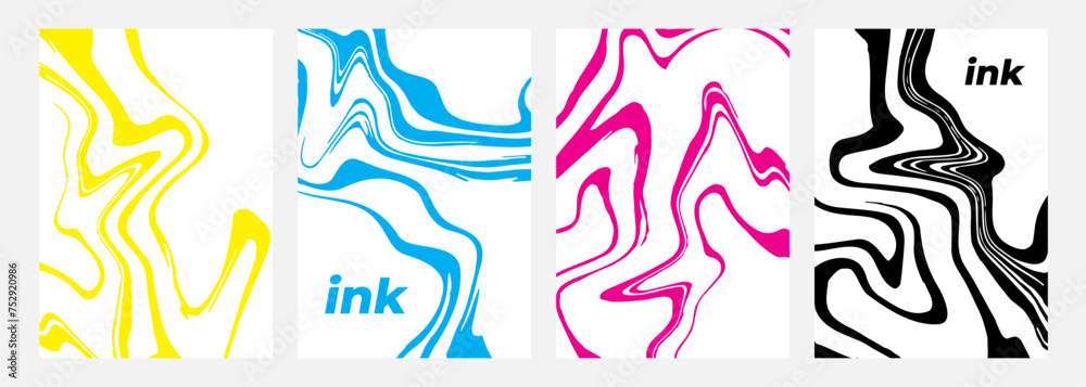 Poster Color ink set. Liquid textures. Fluid acrylics. Curved wavy patterns for creative graphic design. Ebru style. Vector illustration.