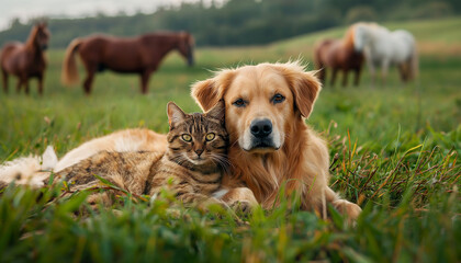 Dog, Cat and Horse in Field