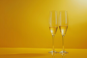 Champagne flutes on yellow background