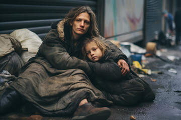 Homeless woman and child are sitting on a city street on the asphalt in cold, damp, dank winter weather.