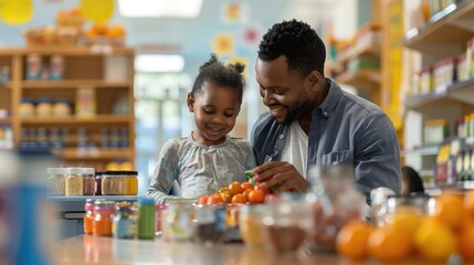 A family participating in a vision health workshop, where they learn about nutrition for eye health, including foods rich in vitamins and antioxidants, set in a community center