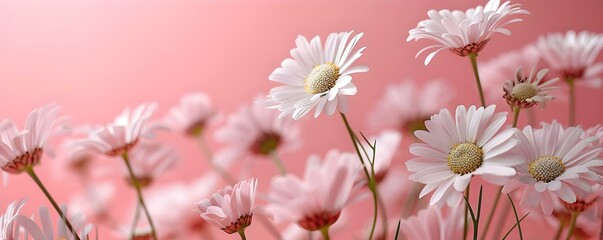 Tranquil vibes with white chamomile daisies on a soft pink backdrop. Concept Pastel Colors, Floral Arrangements, Calm Aesthetic, Nature-inspired Backdrops, Still Life Photography