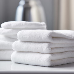 folded white towels in a stack, zoomed in, fluffy towels for hospitality or gym