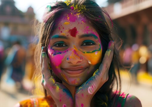 Portrait Of Indian Woman With Colored Face Dancing During Holi