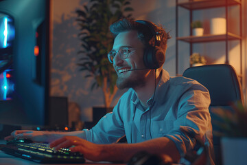 Obraz premium Young smiling man using a headset and computer in a modern office