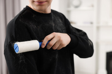 Pet shedding. Man with lint roller removing dog's hair from sweater at home, closeup