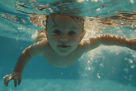 Little baby swimming under water in the pool
