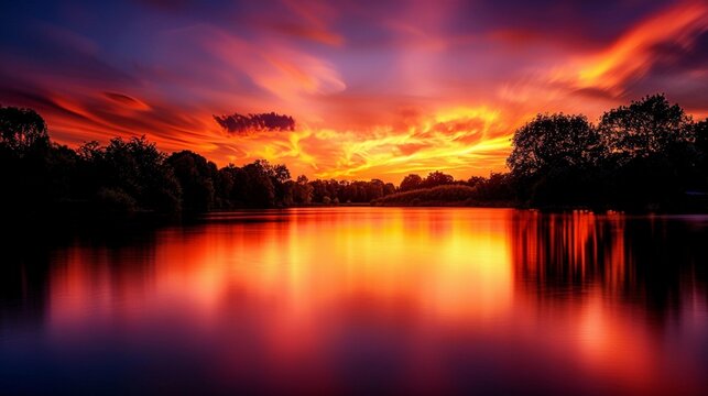 Amazing nature photography capturing a vibrant sunset over a tranquil lake, with the sky ablaze in hues of orange and pink