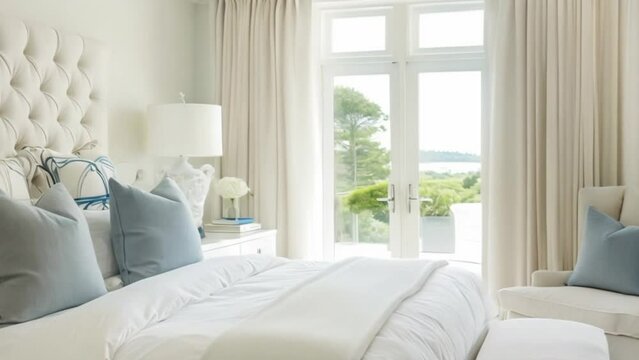 White coastal cottage bedroom decor, interior design and home decor, bed with elegant bedding and bespoke furniture, English country house and holiday rental