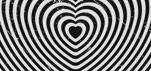 Hypnotic tunnel background with retro textured heart shape. Groovy psychedelic design cover in black and white colors. Vector illustration