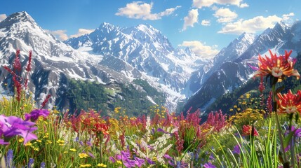 Amazing nature photography capturing the rugged beauty of a mountain range, with snow-capped peaks towering above a carpet of colorful wildflowers, under a clear blue sky