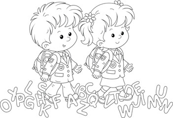 Fototapeta na wymiar Happy little schoolchildren and funny letters going to school for start of classes, black and white outline vector illustration for a coloring book
