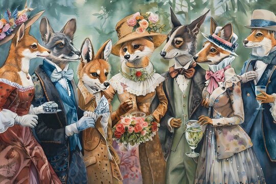 A group of foxes dressed in detailed costumes gathering for a formal and romantic wedding ceremony in the forest depicted in a watercolor painting style