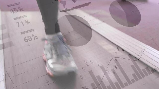 Animation of financial data processing over woman running on treadmill