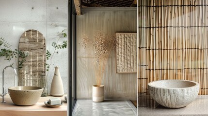 a collage capturing the beauty and versatility of sustainable design elements, featuring eco-friendly materials such as bamboo, recycled glass, and reclaimed wood.
