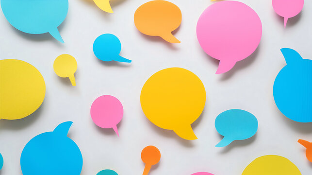 Wallpaper with bright colorful colored paper cut speech bubbles on white background