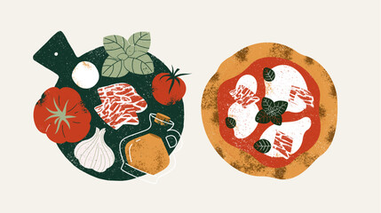 Italian pizza ingredients. Pizza with tomatoes and mozzarella. Vector illustration