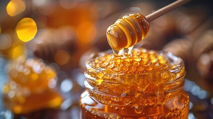 a honey dipper dripping from a honey jar - obrazy, fototapety, plakaty