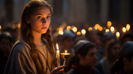 Teenager girl handling candle in their hand ..candlemas concept, generative Ai