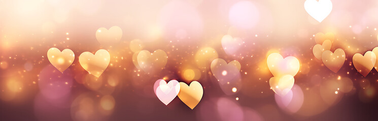 Abstract hearts in pink yellow gold color bokeh, banner AI Generated