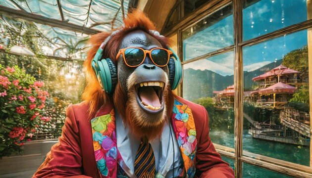screaming orang utan ape in retro suit with colorful headphones and sunglasses 