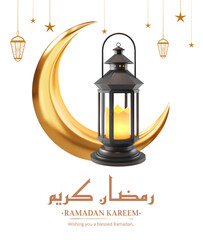 Ramadan kareem with 3d rendering Ramadan lantern and golden crescent moon Isolated On Transparent Background, PNG File Add