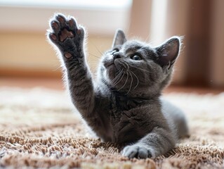Young Grey Cat Playing Paw Raised