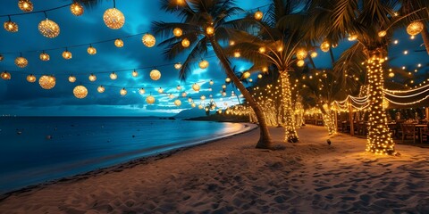 Christmas Palm Trees at the Beach: A Festive Scene. Concept Christmas Palm Trees, Tropical Holiday, Beach Decor, Festive Celebration