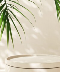 Minimal round beige cream podium table, green palm tree in sunlight, leaf foliage shadow for...