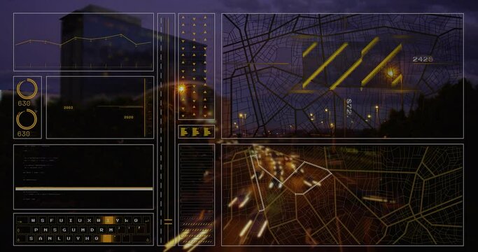 Animation of digital data processing over cityscape