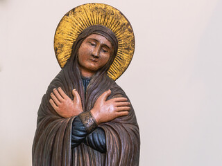 Perm wooden sculpture. The image of the Virgin Mary made of wood.  Carved saints made of wood....