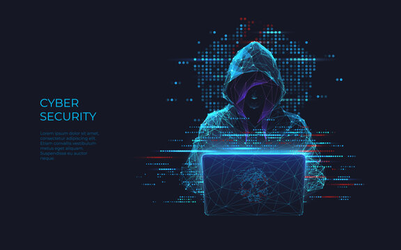 Girl hacker in a hoodie using a laptop. Abstract digital polygonal hack woman in blue on technology dark background. Cybersecurity or cyber attack concept. Computer scam. Low poly vector illustration 