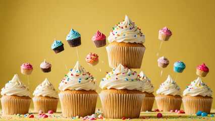Colorful cupcakes on pale yellow background. Sweet confectionery products. Delicious children's treat. Creative food composition. Copy space.