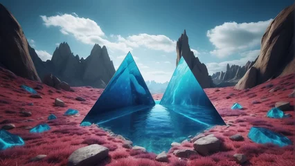 Fotobehang 3d render abstract virtual landscape with blue rocks and mountains surreal wallpaper fantastic background with triangular portal © Oleksii
