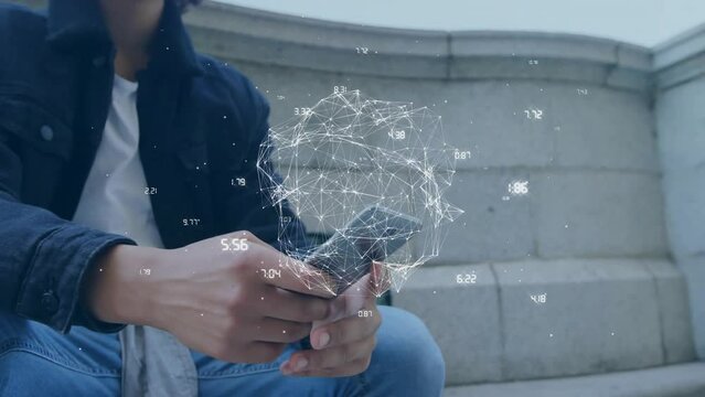 Animation of network of connections and globe over biracial man using smartphone