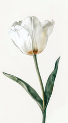 Aquarelle hand drawn white tulip. Watercolor flower on white background. Template for greeting card. Generative AI