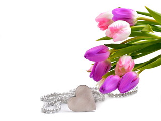 Tulips for morhers day or valentines day. Flowers, pearls and heart. - 752926714