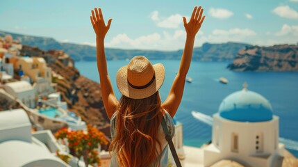 Woman hands up Santorini view