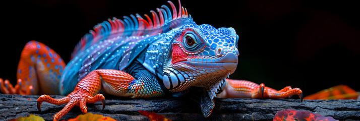 Bearded dragon lizard,
Illustration of vibrant red and blue iguana