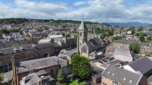 Aerial View of  Greenock, Scotland UK, St John's Scottish Episcopal Church, Old Downtown Buildings on SUnny Day
