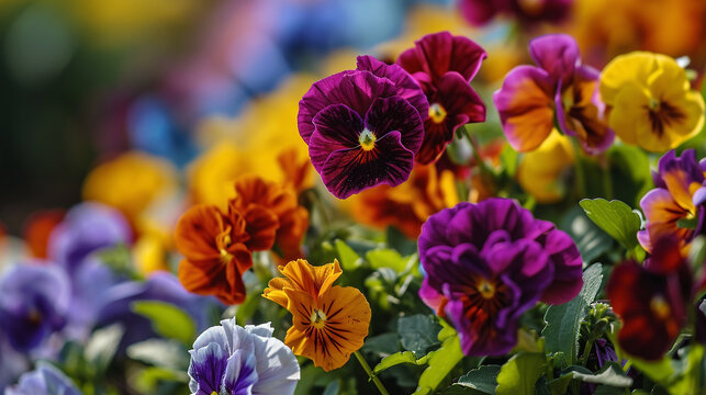 A vibrant flower bed of multicolored pansies, their bright faces captured in stunning 4K HDR detail. The image portrays the lively colors and patterns of the flowers.