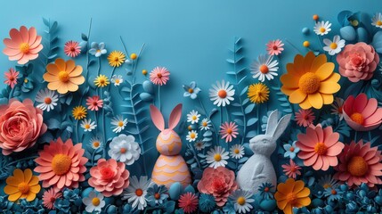 Obraz na płótnie Canvas Handcrafted 3D Paper Flowers and Rabbits Easter Decoration