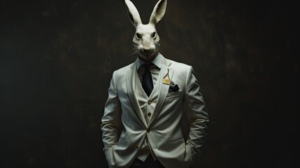 Fototapeta na wymiar an elegantly dressed male donning a 3-piece white suit with coat tails, white shoes, and a white rabbit mask, a black necktie, in a heroic pose against a dark background.