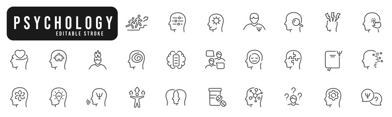 Set of psychology line icons. Mental, mind, brain, head, treatment, health, mood etc. Editable stroke