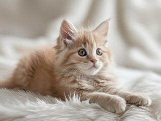 Fototapeta na wymiar Playful Young Cat on White Fur Background