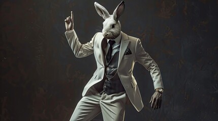Fototapeta na wymiar an elegantly dressed male donning a 3-piece white suit with coat tails, white shoes, and a white rabbit mask, a black necktie, in a heroic pose against a dark background.