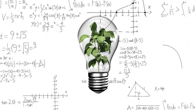 Animation of mathematical data processing over lightbulb with plant