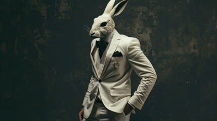 an elegantly dressed male donning a 3-piece white suit with coat tails, white shoes, and a white rabbit mask, a black necktie, in a heroic pose against a dark background.