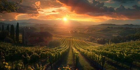 A vineyard with a sunset in the background ,Vineyard Trails and Rustic Charm 